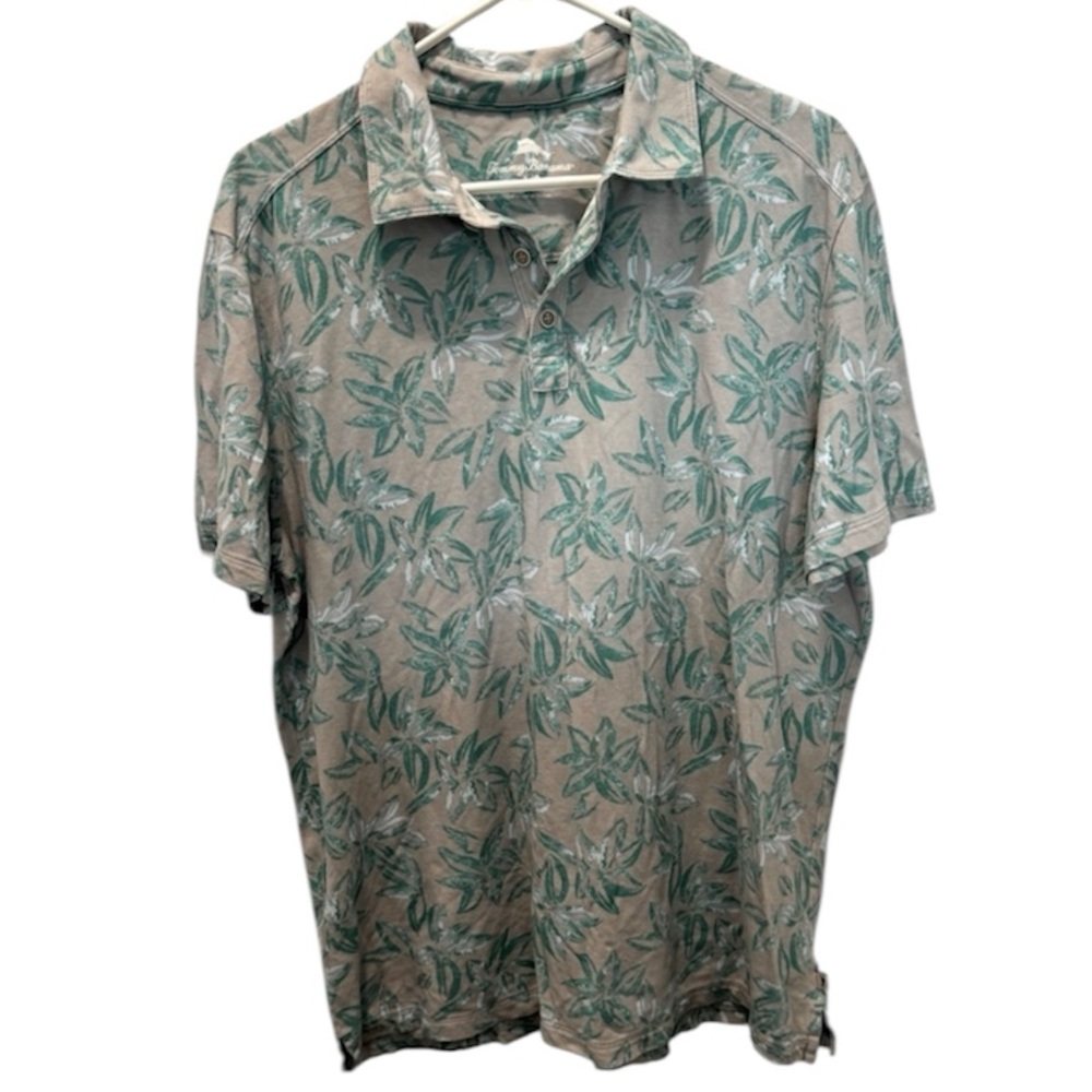 Tommy Bahama Gray with Green Floral Print Polo Shirt size Large